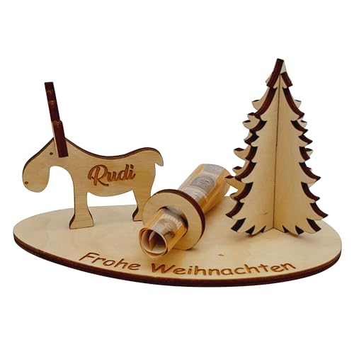 Geld-Geschenk Frohe Weihnachten personalisiert mit Wunschname Rentier Elch aus Holz von Melis