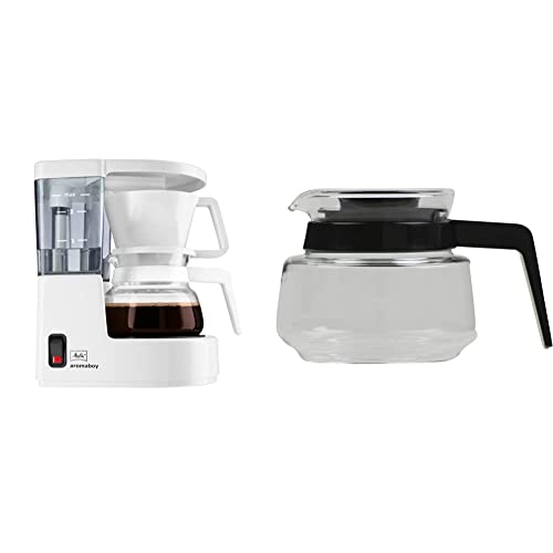 Melitta, Filterkaffeemaschine, Aromaboy, 2 Tassen-Glaskanne, Filtereinsatz, Weiß, 101501 & Aromaboy Glaskanne, schwarz von Melitta