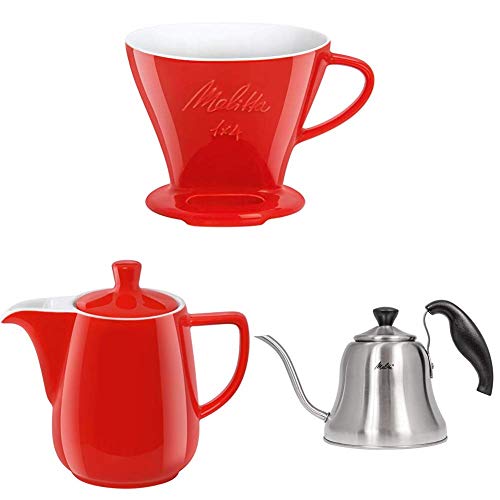 Melitta 219032 Filter Porzellan-Kaffeefilter + 219094 Kanne Porzellan Kaffeekannee + Handbrüh-Wasserkessel mit Schwanenhalsausguss von Melitta