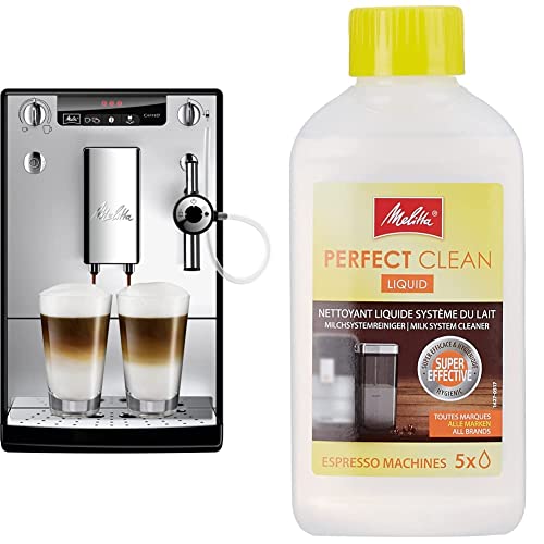Melitta Caffeo Solo & Perfect Milk E957-103 Schlanker Kaffeevollautomat mit Auto-Cappuccinatore | Automatische Reinigungsprogramme | Silber & 202034 Perfect Clean Milchsystem Reiniger, 250 ml von Melitta