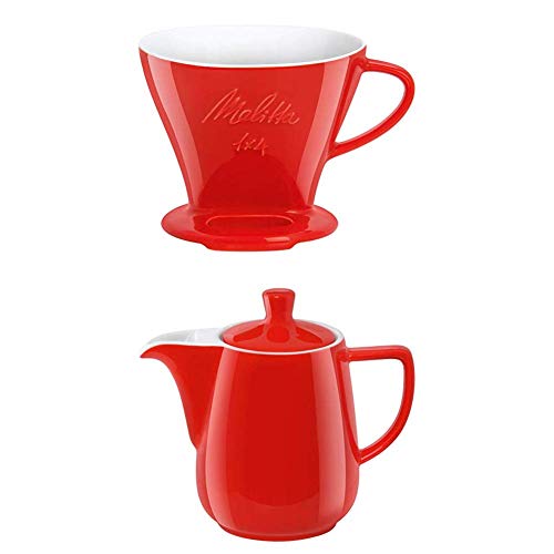 Melitta Filter Porzellan-Kaffeefilter Größe 1x4 Rot + Kanne Porzellan Kaffeekannee 0,6L Rot von Melitta