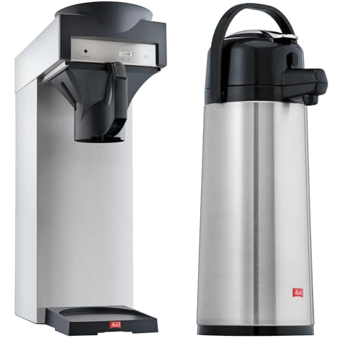 Melitta Filterkaffeemaschine für Isolierkannen, 170 MT, Edelstahl/Schwarz & Pump-Isolierkanne, 2,2 l, ca. 18 Tassen, Edelstahlkolben, Edelstahl, Silber/Schwarz von Melitta