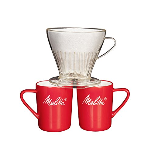 Melitta Kaffee-Set, Kaffeehalter für Filtertüten und Porzellan-Tassen (2 Stück), Kaffeefilter 1x4 Premium, Kunststoff und Porzellan, Transparent und Rot, 217953 von Melitta