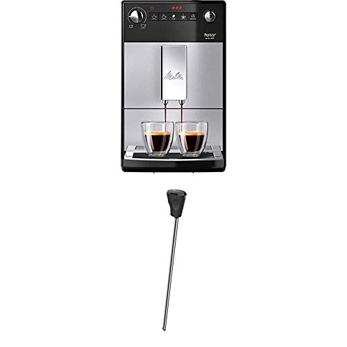 Melitta Purista F 230-101 Kaffeevollautomat mit flüsterleisem Kegelmahlwerk (Direktwahltaste, 2-Tassen Funktion, 20 cm Breite) silber/schwarz + Milchlanze für Kaffeevollautomaten, Edelstahl, Schwarz von Melitta