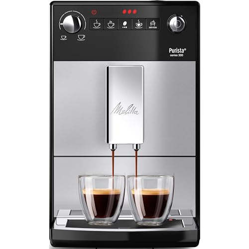 Melitta Purista - Kaffeevollautomat - flüsterleises Mahlwerk - Direktwahltaste - 2-Tassen Funktion - 3-stufig einstellbare Kaffeestärke - Silber/Schwarz (F230-101) von Melitta