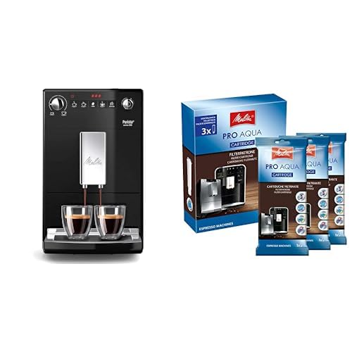 Melitta Purista F 230-102 Kaffeevollautomat mit flüsterleisem Kegelmahlwerk (2-Tassen Funktion, 20 cm Breite) schwarz & 224562 Filterpatrone für Kaffeevollautomaten | 3x Pro Aqua | 3 Patronen von Melitta