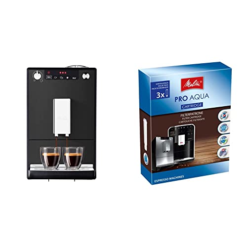 Melitta Solo Kaffeevollautomat E 950-444 frosted, Matt Schwarz & 224562 Filterpatrone für Kaffeevollautomaten | 3x Pro Aqua | Vorbeugung von Verkalkung | Einfache Anwendung | 3 Patronen von Melitta