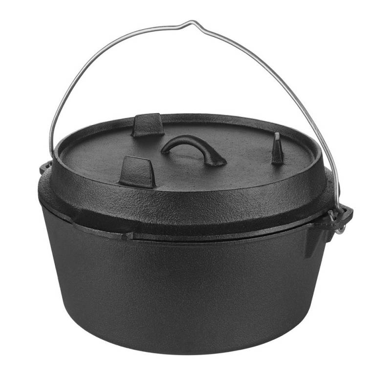 Melko Feuertopf Feuertopf usstopf Kochtopf Dutch Oven in Schwarz aus Gusseisen inkl. Schürhaken & Untersetzer Camping Potjie Kochgeschirr Kessel Bräter BBQ Topf Feuerkessel, Gusseisen (Stück, 1-tlg), Deckel als Pfanne verwendbar von Melko