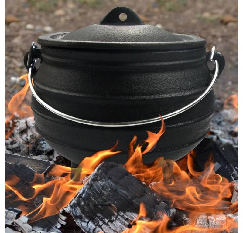 Melko Feuertopf Kochkessel Potjie Dutch Oven aus Gusseisen Outdoorküche Schmortopf Suppentopf Feuertopf Grilltopf BBQ Gulaschkessel Asiatisches Fondue BBQ Kochtopf, Gusseisen (Stück, 2-tlg), Hitze wird optimal reguliert von Melko