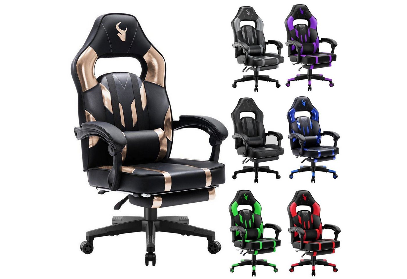 Melko Gaming Chair Gamingstuhl Bürostuhl Chefsessel Schreibtischstuhl mit Fußstütze und Lendenkissen in Schwarz, Grün, Rot, Lila, Blau, Gold & Grau Sportsitz Drehstuhl Racing Fußablage Schalensitz PC Chair 130kg Metallic (Stück), Fußstütze, Lendenkissen von Melko