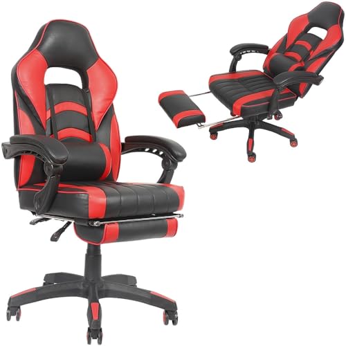 Melko Gamingstuhl Ergonomischer Bürostuhl mit Fußstütze in Schwarz Rot Racing Stuhl Office Schreibtischstuhl Chefsessel Gaming Sessel Gamer Stuhl Racer Drehstuhl Sportsitz von Melko