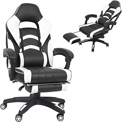 Melko Gamingstuhl Ergonomischer Bürostuhl mit Fußstütze in Schwarz Weiß Racing Stuhl Office Schreibtischstuhl Chefsessel Gaming Sessel Gamer Stuhl Racer Drehstuhl Sportsitz von Melko