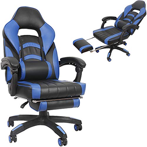 Melko Gamingstuhl Ergonomischer Bürostuhl mit Fußstütze in Schwarz Blau Racing Stuhl Office Schreibtischstuhl Chefsessel Gaming Sessel Gamer Stuhl Racer Drehstuhl Sportsitz von Melko