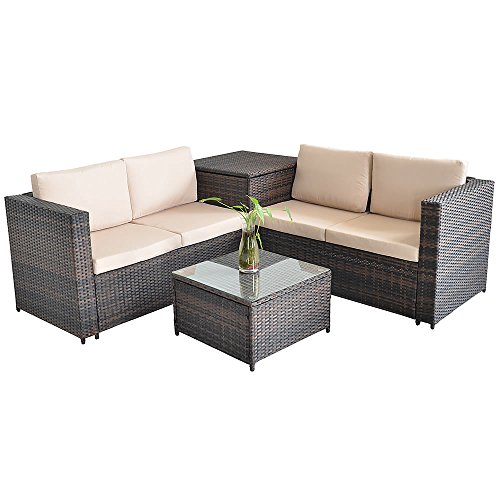 Melko Gartenlounge Set Ecksofa mit Glastisch und Aufbewahrungsbox Polyrattanlounge 185x185CM von Melko