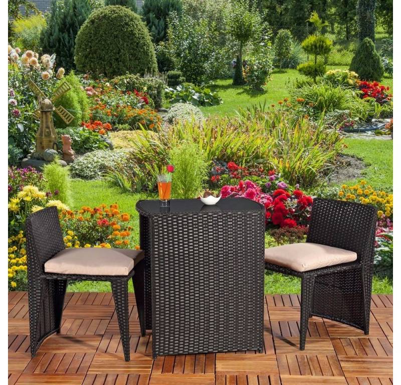 Melko Gartenlounge-Set Gartenmöbel Sitzgarnitur Essgruppe 3er Set Tisch&2 Stühle Polyrattan, (Set, 4-tlg), Beansprucht wenig Platz von Melko