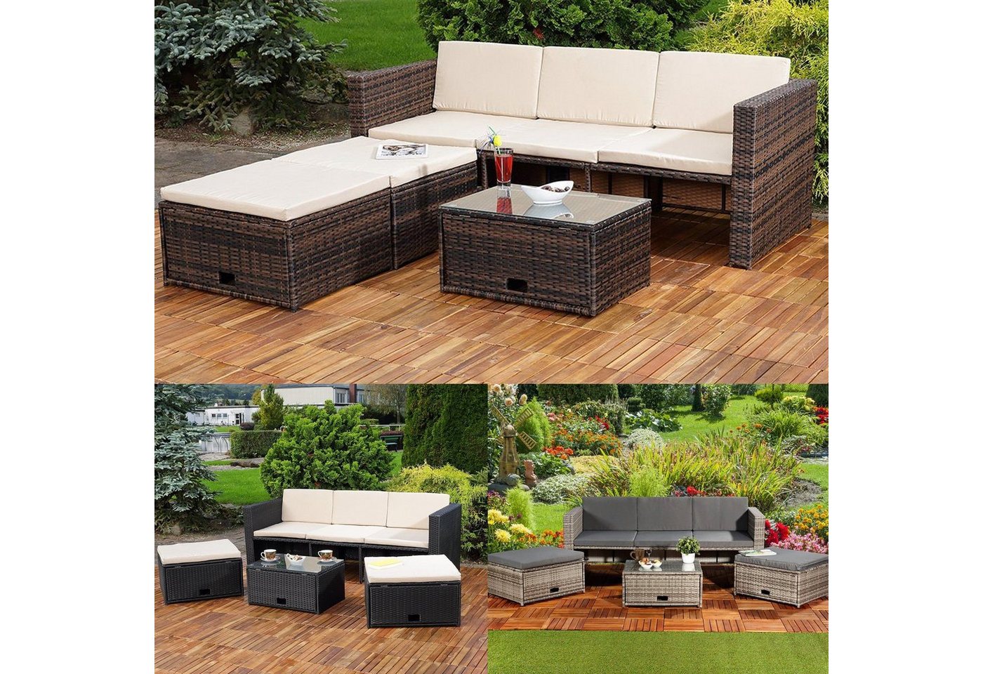 Gartenlounge-Set Gartenmöbel Sitzgruppe Rattanmöbel Set mit Tisch, Sitzbank & 2 Hocker in Schwarz, Grau oder Braun inkl. Sitz- und Rückenkissen Gartenset Lounge Polyrattan Rattanmöbel Sitzmöbel Sofa, (Set, 13-tlg), Hochwertige Flechtoptik von Melko