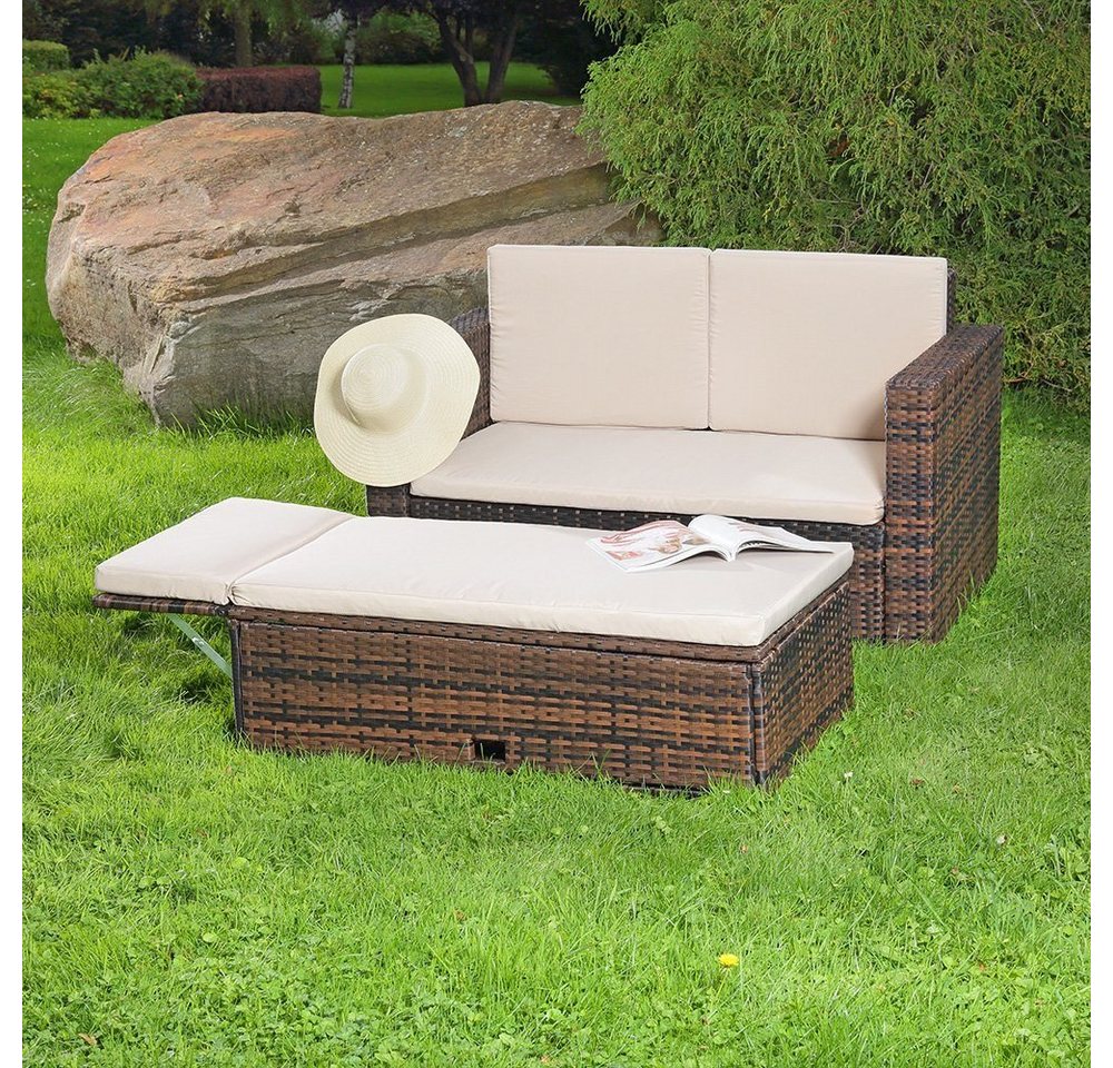 Melko Gartenlounge-Set Gartensofa Lounge Sessel Gartenmöbel aus Polyrattan und klappbare Fußbank in Schwarz, Grau und Braun Gartensofa Sitzgarnitur Hocker XXL Balkon Sitzbank Liege, (Set, 2-tlg), Kissen inkl. Reißverschluss, daher abnehm- und waschbar von Melko