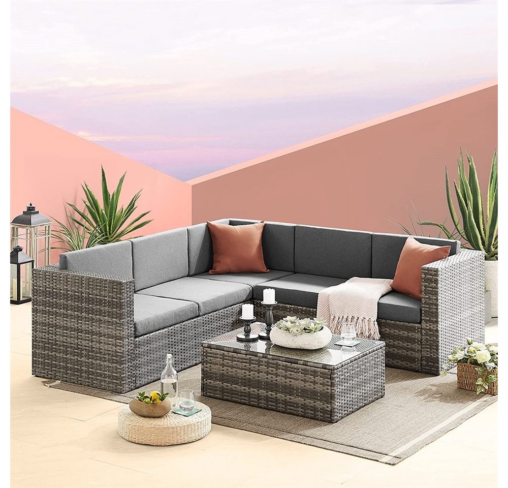 Melko Gartenlounge-Set Polyrattan Lounge Sitzgarnitur Grau Gartenset Gartenmöbel, (Set, 4-tlg., Tisch mit Ecksofa), inkl. Auflagen und Staufach von Melko