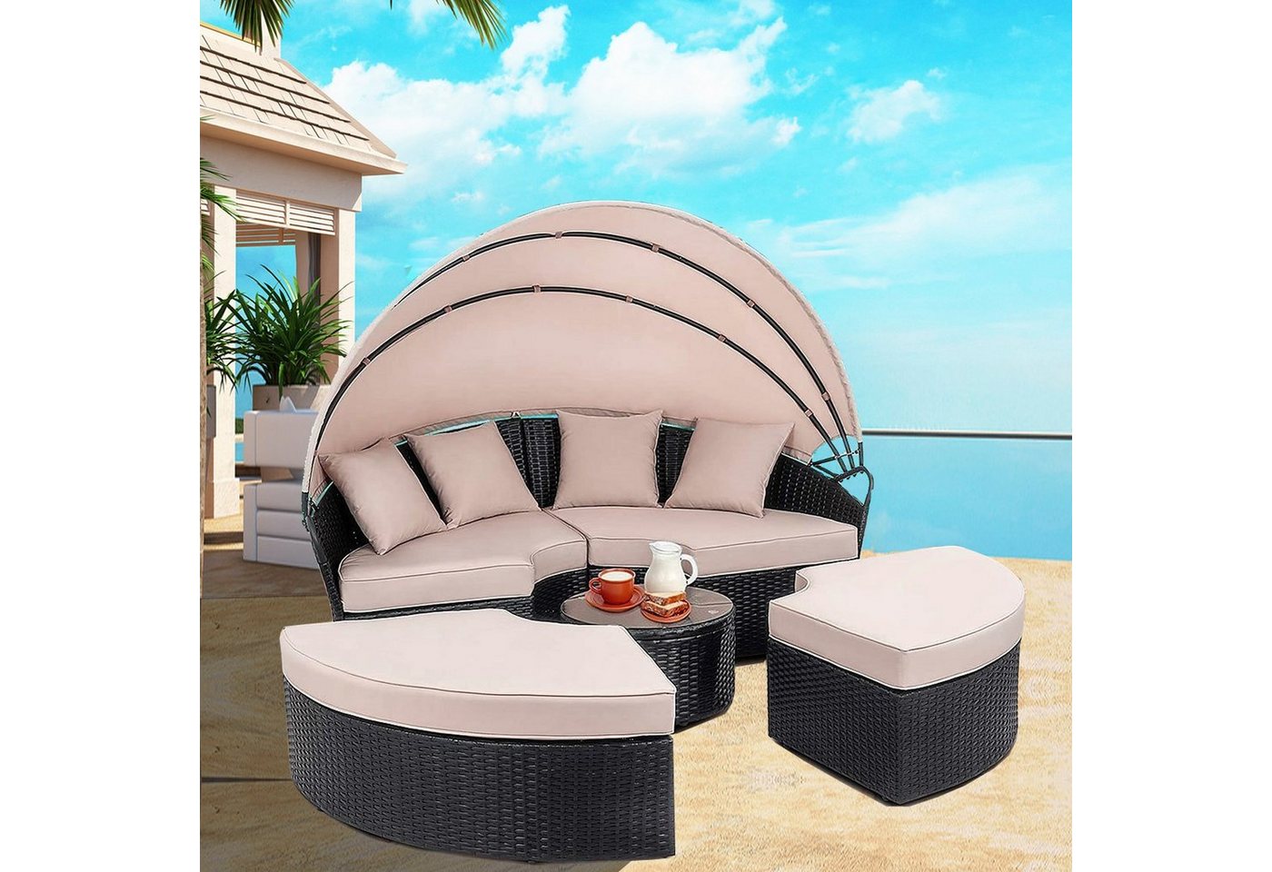 Melko Gartenlounge-Set Polyrattan Sonneninsel Tisch & Kissen 180CM Strandkorb Set, (Stück), Wasserabweisend von Melko