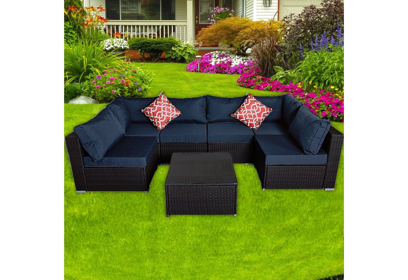 Melko Gartenlounge-Set Rattanmöbel Gartengarnitur Gartenmöbel Sitzgruppe Sofa in Braun Blau Schwarz Rot Sitzkissen Lounge Polyrattan Möbel Sitzgarnitur Garnitur Garten Set Couch Gartenset Terrassenmöbel Essgruppe XXL Marineblau, (Stück), mit bequemer Polsterung von Melko