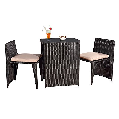 Melko Gartenmöbel Set aus Rattan – Sitzgruppe für den Garten, bestehend aus Tisch und Zwei Stühlen, zusammenschiebbar, schnell verstaut, platzsparend, wetterfest von Melko