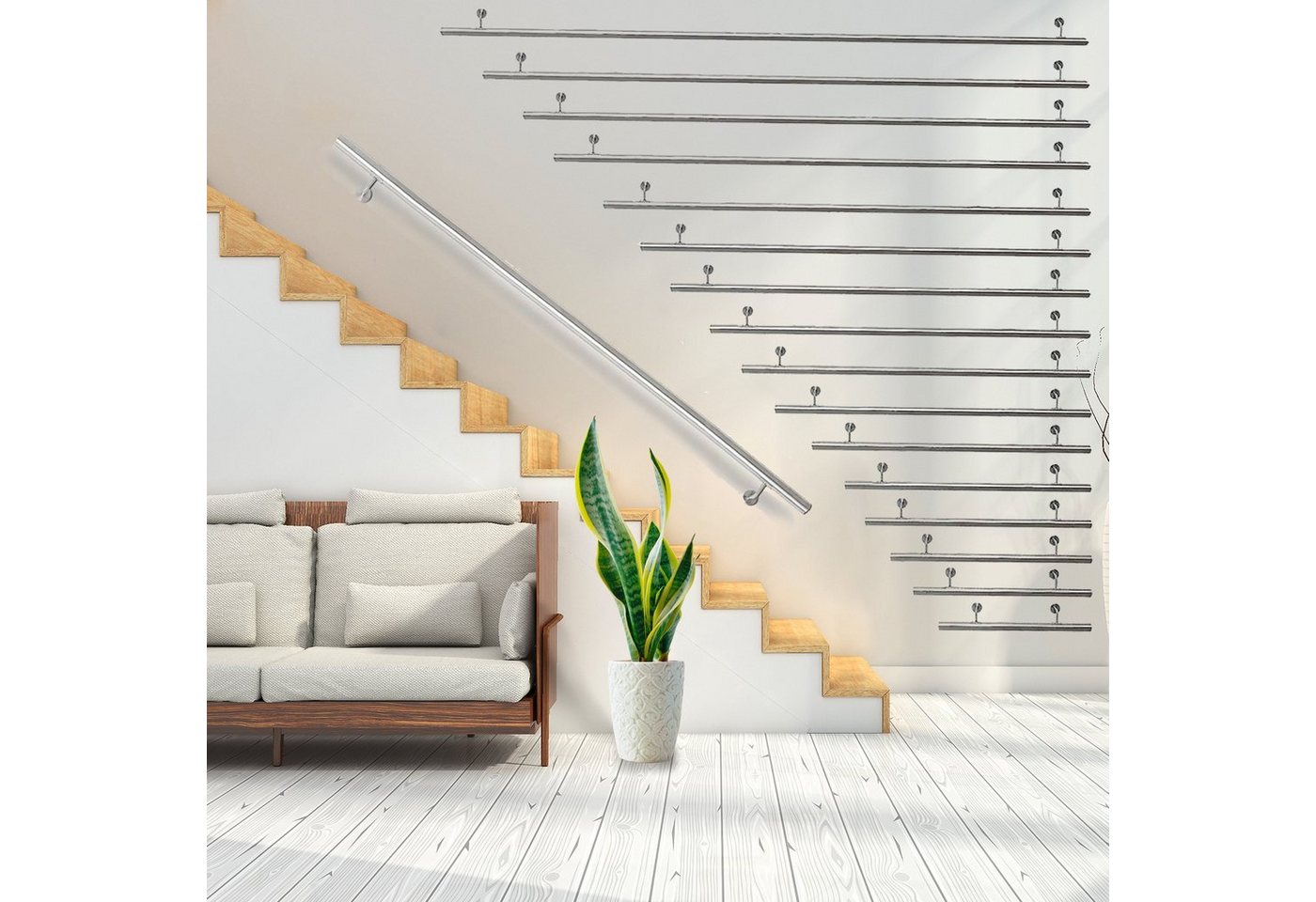 Melko Handlauf Treppengeländer Edelstahl Wandhandlauf 50-200cm Geländer Treppe, 50 cm Gesamtlänge, (Stück), Gebürsteter Edelstahl von Melko