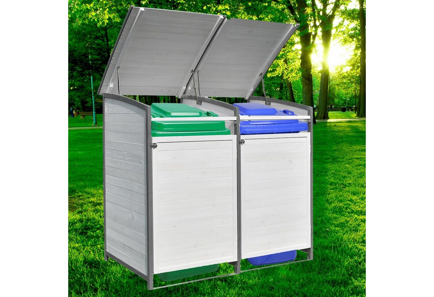 Melko Mülltonnenbox Mülltonnenbox Doppelbox für 2 Tonnen - Braun/Weiß - Holz 240L Zinkdach (Stück), Witterungsbeständig von Melko
