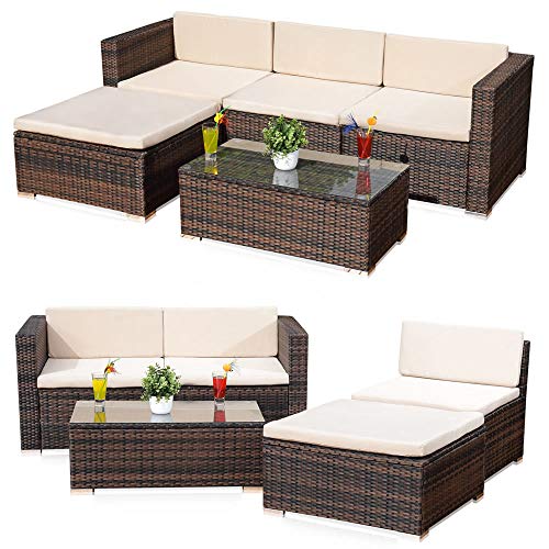 Melko Rattan Gartenmöbel Set Braun Couch mit Tisch, Hocker und Stuhl, aus Polyrattan, wetterfest und robust, Gartengarnitur für Balkon, Garten oder Terrasse von Melko