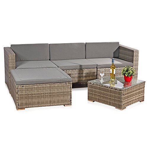 Melko Rattan Gartenmöbel Set Grau Couch mit Tisch, Hocker und Stuhl, aus Polyrattan, wetterfest und robust, Ecksofa Grau für Balkon, Garten oder Terrasse von Melko