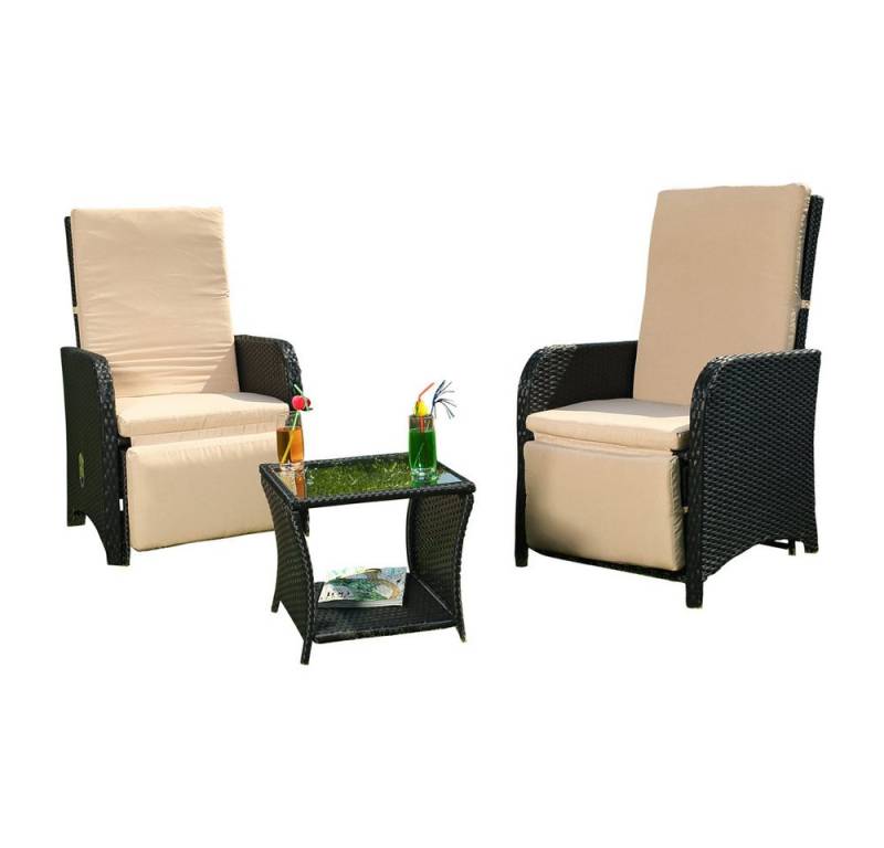 Melko Sitzgruppe Gartenmöbel Set Sitzgarnitur Polyrattan Schwarz Sitzgruppe Essgarnitur, (elegantes Set im Lounge-Design, 3-tlg., inkl. Auflagen für mehr Komfort), 3-teiliges Rattanmöbel Set mit verstellbarer Rücken- & Fußlehne von Melko
