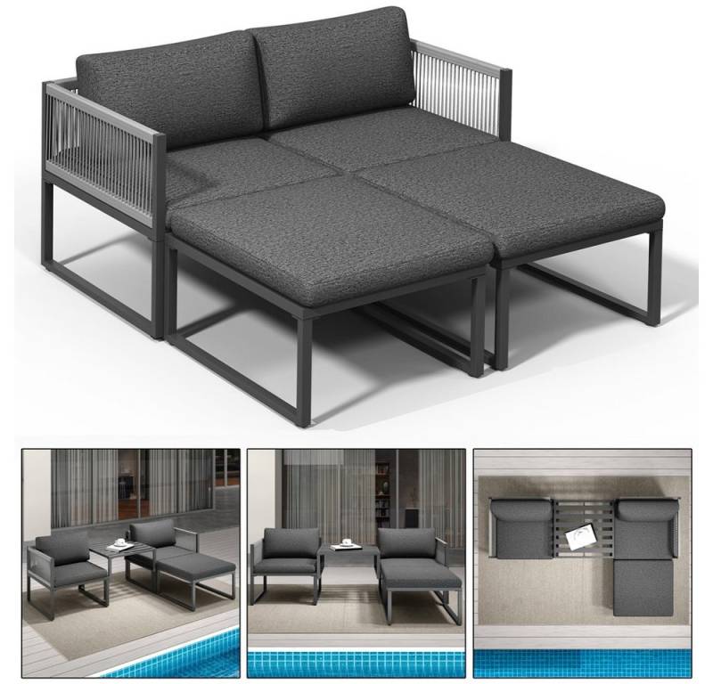 Melko Sitzgruppe Möbelset Aluminium Balkon Set wetterfest Gartenmöbel Sitzgarnitur, (inkl. höhenverstellbare Füße, 4-tlg., Aluminiummöbel), Hocker kann je nach Bedürfnissen als Tisch oder Liege verwendet werden von Melko