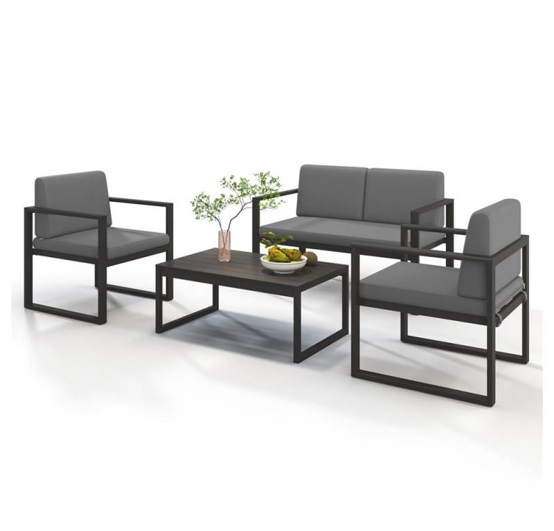 Melko Sitzgruppe Sitzgarnitur Aluminium Gartenset wetterfest Essgruppe Grau Lounge, (Set, 4-tlg., Möbelset bestehend aus 2er Sitzer Sofa, 2 Sessel und Beistelltisch), wasserabweisende Kissen mit Bändern zum Befestigen am Sessel von Melko