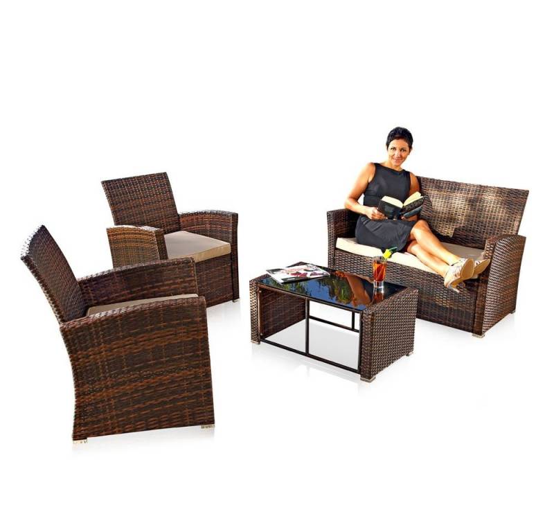 Melko Sitzgruppe Sitzgarnitur Sitzgruppe Polyrattan in Braun Beige Gartenmöbel Set 4 tlg. Lounge, (Set, 4-tlg), Polyrattan von Melko