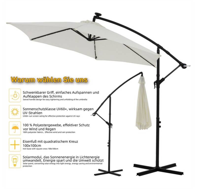 Melko Sonnenschirm Ampelschirm Sonnenschirm Kurbelschirm Ø 300 LED in Beige oder Grau, LxB: 300x300 cm, Stück, LED Beleuchtung von Melko