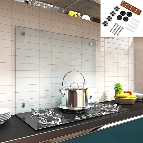 Melko - Spritzschutz Küchenrückwand aus 6 mm ESG-Sicherheitsglas - Anti-spritz Herdblende für Küche, Herd & Fliesen - Hitzebeständige Glasplatte inkl. Befestigungsset & Schrauben - 90x60 cm Klarglas von Melko