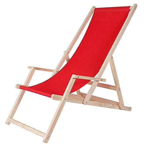 Melko Strandstuhl mit Armlehne Faltstuhl Liegestuhl aus Holz Sonnenliege Faltliege Rot von Melko