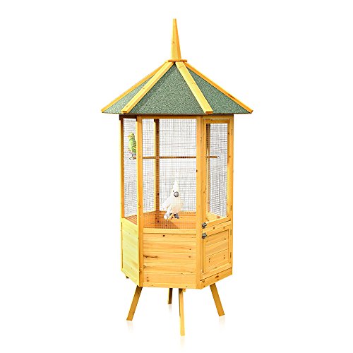 Melko Vogelvoliere XXL 6-Eck Vogelkäfig Vogelhaus aus Holz, 74 x 74 x 194 cm, braun von Melko