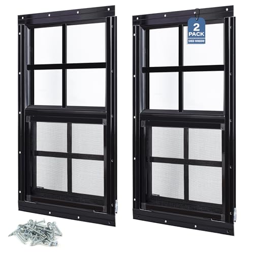 Melkus 2 Stück Schuppenfenster, 30,5 x 45,7 cm, bündig montiert, Hühnerstallfenster mit gehärtetem Glas und Bildschirm, Schiebefenster für Hühnerstall, Schuppen, Garage, Spielhaus, Scheune von Melkus