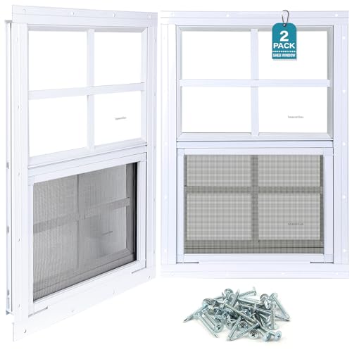 Melkus 2 Stück Schuppenfenster, 61 x 91,4 cm, bündig montiert, Hühnerstallfenster mit gehärtetem Glas und Bildschirm, Schiebefenster für Hühnerstall, Schuppen, Garage, Spielhaus, Scheune, Gewächshaus von Melkus