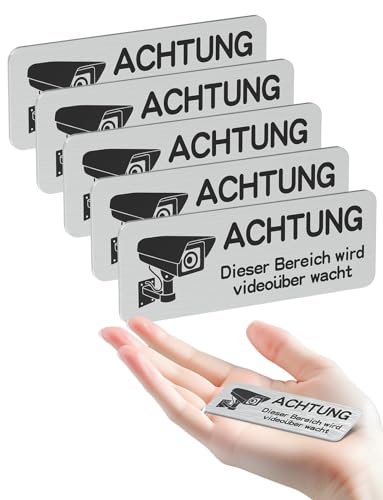 Videoüberwachung Schild, 8.5×3cm 5 Stück Videoüberwachung Hinweisschild mit 3M Tape Mellbree Video Hinweisschild Gebürsteter Aluminium Rostfrei Achtung Privatgrundstück für Aufzug, Briefkasten usw. von Mellbree