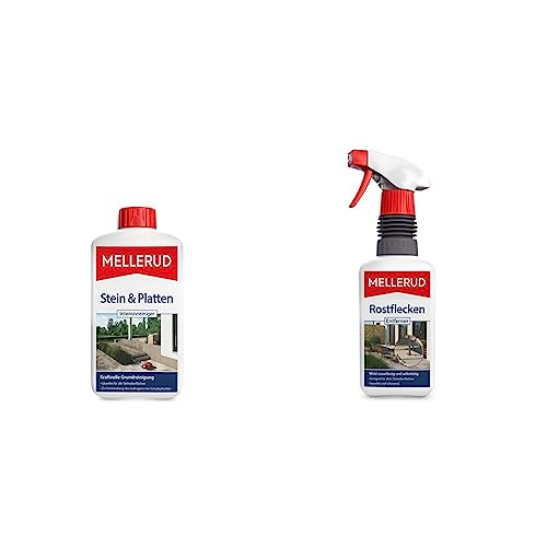 Mellerud Stein & Platten Intensivreiniger – Effizientes Reinigungsmittel zum Entfernen von Schmutz auf Allen Steinoberflächen im Außenbereich – 1 x 1 l & Rostflecken Entferner – 1 x 0,5 l von Mellerud