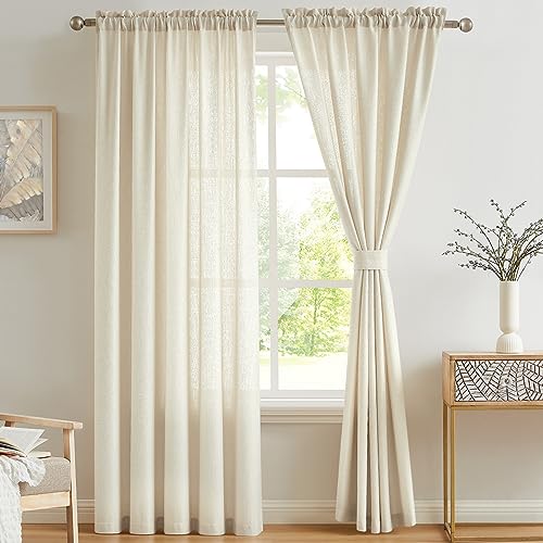Melodieux Voile-Vorhänge aus Kunstleinen, halbtransparent, für Schlafzimmer, Wohnzimmer, Fenster, Beige, 140 x 183 cm, 2 Paneele von Melodieux