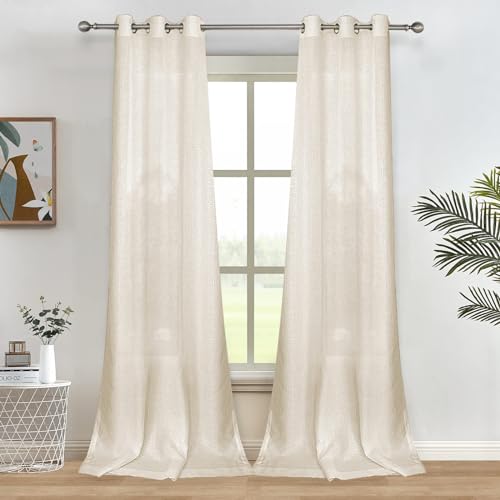 Melodieux Gardinen Beige Transparent Leinen Optik Vorhänge Kurz mit Ösen für Wohnzimmer Schlafzimmer, 2er Set 183x140cm von Melodieux