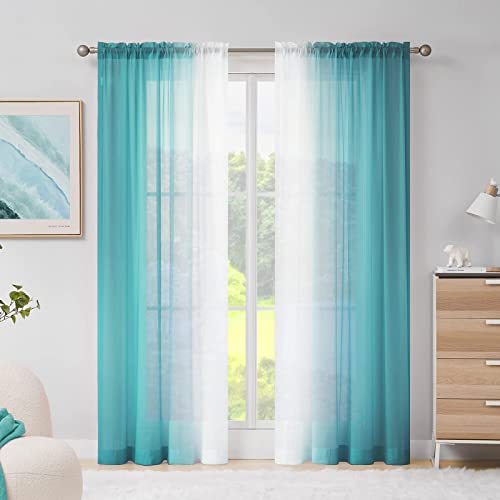 Melodieux Gardinen mit Kräuselband Ombre Transparent Vorhänge für Wohnzimmer 2er Set, 225x140cm Blau Grün von Melodieux