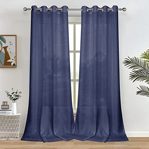 Melodieux Marineblaue, halbdurchsichtige Vorhänge, 244 cm lang, für Wohnzimmer, Schlafzimmer, Flachs, Leinen, mit Ösen, Voile-Vorhänge, 132 x 244 cm, 2 Bahnen von Melodieux