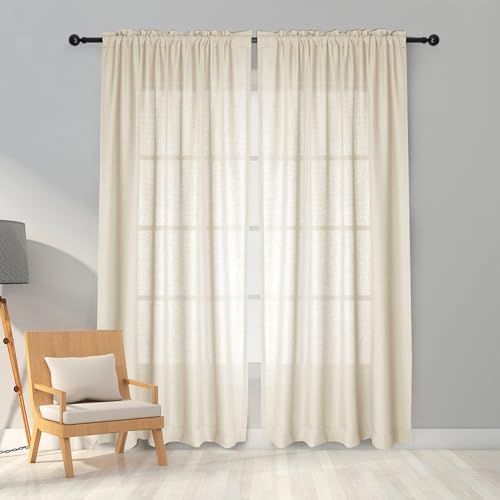 Melodieux Voile-Netzvorhänge aus Kunstleinen, halbtransparent, Stangentaschen, für Schlafzimmer, Wohnzimmer, Fenster, 140 x 137 cm, Beige, 2 Stück von Melodieux