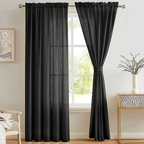 Melodieux Vorhänge Schwarz Transparent Leinen Optik Voile Gardinen für Wohnzimmer Schlafzimmer, 2er Set 225x140cm von Melodieux