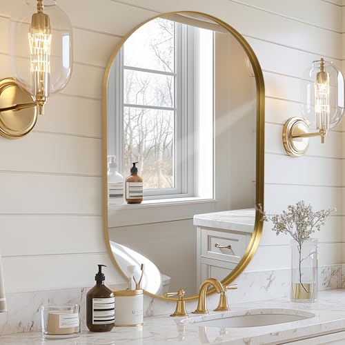 Melodieux Wandspiegel 55x75cm Gold Oval Spiegel Badezimmerspiegel Dekorativer Spiegel zum Aufhängen an der Wand Horizontal oder Vertikal für Schlafzimmer Wohnzimmer Flur von Melodieux