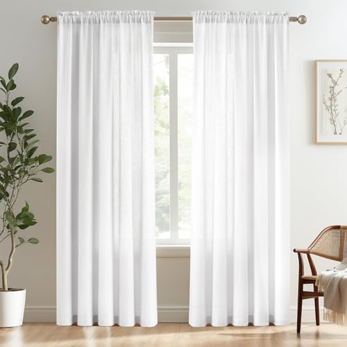 Melodieux Weiße halbdurchsichtige Vorhänge, 213 cm lang, für Wohnzimmer – Leinen-Optik, Schlafzimmer, Stangentasche, Voile-Vorhänge, 132 x 213 cm (2 Stück) von Melodieux