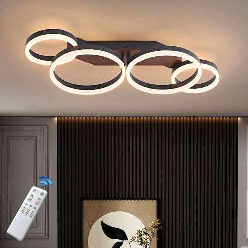 Meloweel LED Deckenleuchte Holz dimmbar, Walnuss schwarz 4-Runde Modern Wohnzimmerlampe, 48W 80cm 4800lm 3000-6000K mit Fernbedienung Schlafzimmer lampen, Memory-Funktion, 5W Nachtlicht von Meloweel
